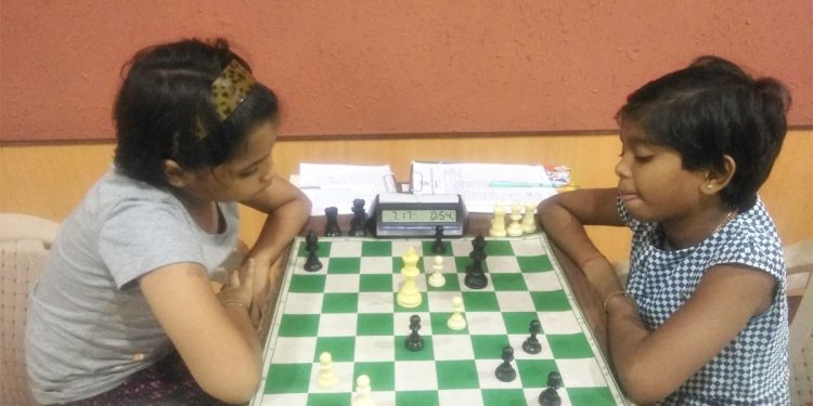 Arushi Srichandran (R) ponders over her next move against Anishka Pandey at Dhenkanal, Saturday      