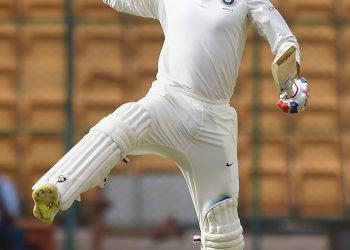 India A opener Mayank Agarwal celebrates after reaching his double century against South Africa A in Bangalore, Sunday 