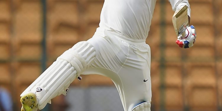 India A opener Mayank Agarwal celebrates after reaching his double century against South Africa A in Bangalore, Sunday 