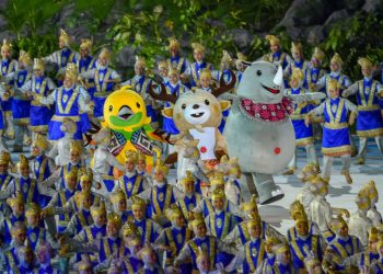 Official mascots during the opening ceremony of Asian Games 2018 at Gelora Bung Karno, in Jakarta on Saturday