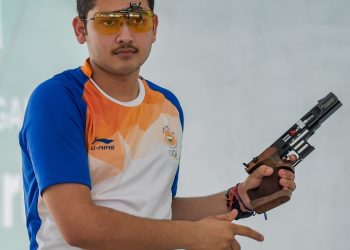 Anish Bhanwala looks disappointed after he failed to qualify for the finals of men's 25m Rapid Fire Pistol event at the Asian Games