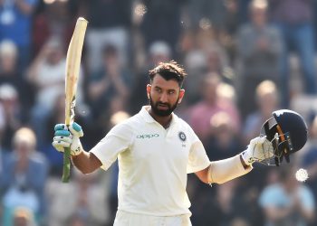 India’s Cheteshwar Pujara celebrates his century against England at Southampton, Friday 