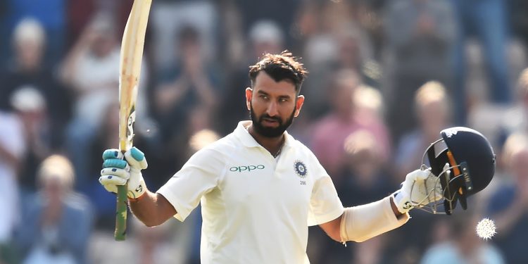 India’s Cheteshwar Pujara celebrates his century against England at Southampton, Friday 