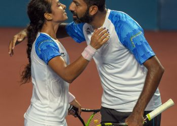 Rohan Bopanna and Ankita Raina celebrate after beating their Korean counterparts Na RJ Kim and Jeamoon Lee in the mix-doubles match in the Asian Games