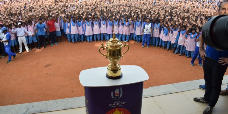 A large number of KISS students were present during the unveiling of the Rugby World Cup trophy, Friday 