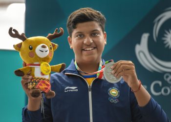 Indian shooter Shardul Vihan celebrates after winning silver medal in Men's Double Trap event at the Asian Games