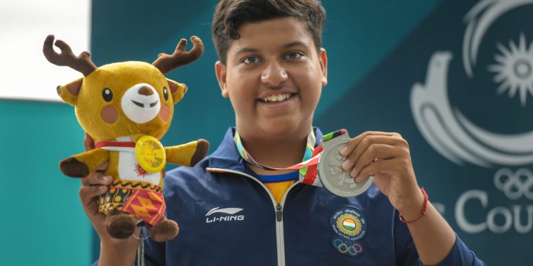 Indian shooter Shardul Vihan celebrates after winning silver medal in Men's Double Trap event at the Asian Games