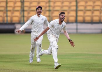 Mohammed Siraj celebrates after dismissing a Proteas batsman in Bangalore, Tuesday