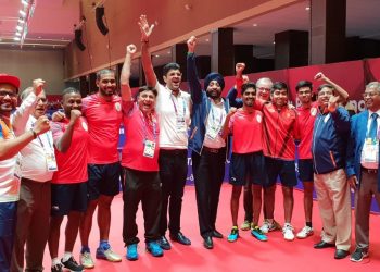 Table tennis Players and officials celebrate after India’s historic bronze, Tuesday