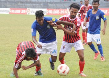 Western Mahaveer Club and Sunshine Club players in action during their match at Barabati Stadium in Cuttack, Saturday 