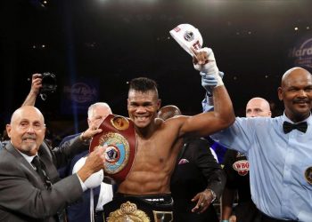 Eleider Alvarez celebrates after winning the WBO light heavyweight title, Sunday