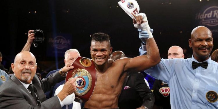 Eleider Alvarez celebrates after winning the WBO light heavyweight title, Sunday