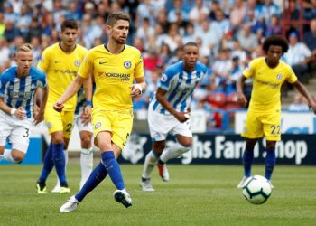Jorginho strikes the ball from penalty spot to score his first goal for Chelsea on his Premier League debut against Huddersfield Town, Saturday