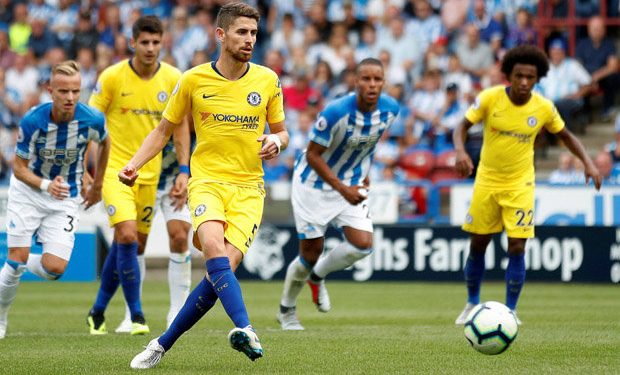 Jorginho strikes the ball from penalty spot to score his first goal for Chelsea on his Premier League debut against Huddersfield Town, Saturday