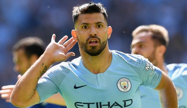 Man City’s Sergio Aguero celebrates his hat-trick against Huddersfield, Sunday