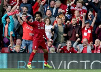 Mohamed Salah celebrates after scoring against Brighton and Hove Albion