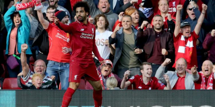 Mohamed Salah celebrates after scoring against Brighton and Hove Albion