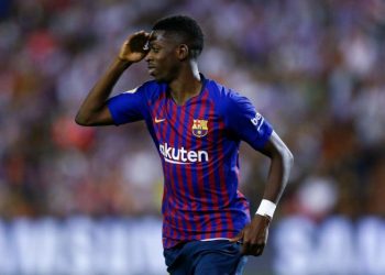 Ousmane Dembele celebrates after scoring Barcelona's only goal