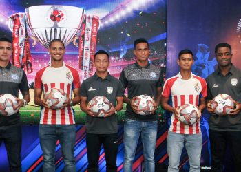 (L to R) JFC player Tim Cahill, ATK player Gerson Vieira, NEUFC player Redeem Tlang, JFC player Subrata Paul, ATK player Eugenson Lyngdoh and NEUFC player Bartholomew Ogbeche pose during a press conference for the upcoming ISL in Kolkata, Saturday