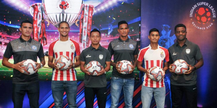 (L to R) JFC player Tim Cahill, ATK player Gerson Vieira, NEUFC player Redeem Tlang, JFC player Subrata Paul, ATK player Eugenson Lyngdoh and NEUFC player Bartholomew Ogbeche pose during a press conference for the upcoming ISL in Kolkata, Saturday