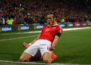 Gareth Bale celebrates after scoring against Republic of Ireland at Cardiff, Thursday