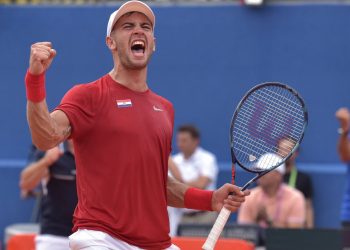 Crotia’s Borna Coric is all pumped up after winning his match against Frances Tiafoe of the US