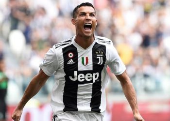 Cristiano Ronaldo celebrates after scoring his first goal in Juventus colours against Sassuolo in Turin, Sunday