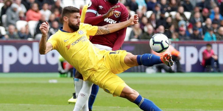 Olivier Giroud in action against West Ham United in London, Sunday