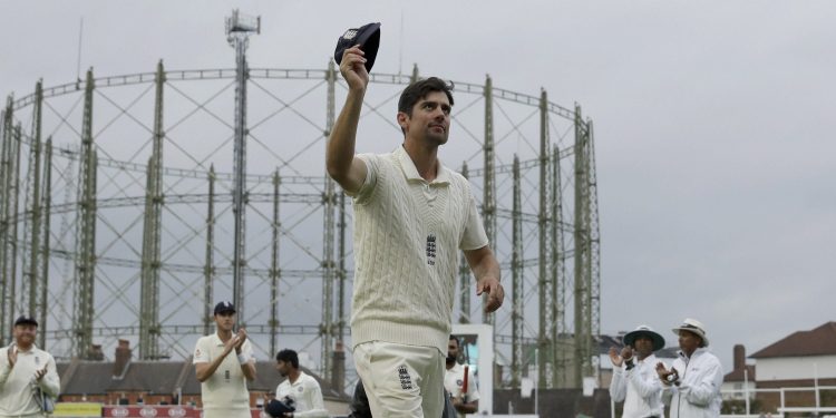 Alastair Cook raises his cap as he comes out of the field for one last time before retiring from test cricket at the Oval cricket ground