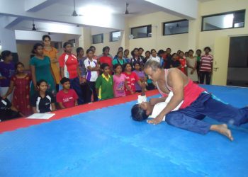 Hari Patnaik demonstrates some self defence skills at Utkal Karate School