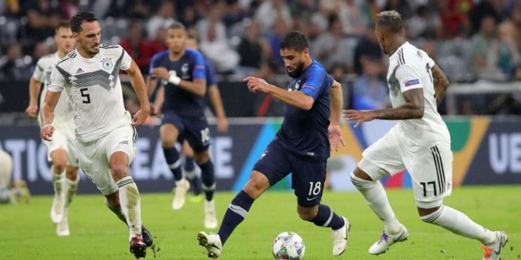 Germany (in white) and France players battle it out during their Nations League encounter