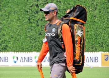 MS Dhoni arrives for India’s practice session in Dubai, Friday 