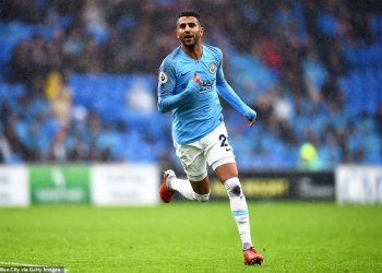 Manchester City’s Riyad Mahrez celebrates after scoring against Cardiff City, Saturday