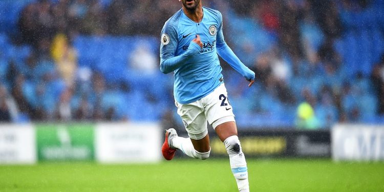 Manchester City’s Riyad Mahrez celebrates after scoring against Cardiff City, Saturday