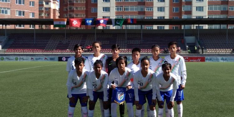 The Indian U-16 women’s team players pose for a photograph before their match against Hong Kong, Saturday