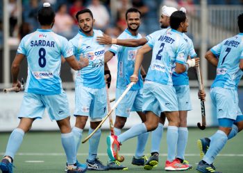 Harmanpreet Singh (2nd from left) celebrates a goal with teammates against Belgium in Champions Trophy