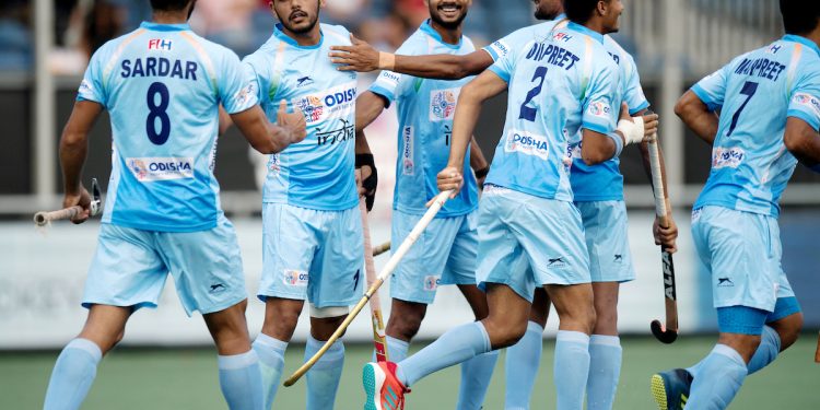 Harmanpreet Singh (2nd from left) celebrates a goal with teammates against Belgium in Champions Trophy