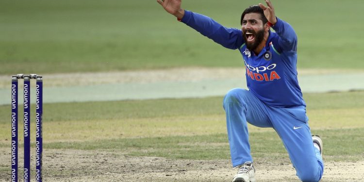 Ravindra Jadeja appeals for a Bangladeshi wicket in Dubai, Friday