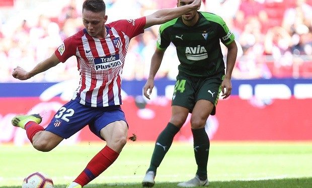 Atletico Madrid debutant Borja Garces about to strike the ball during their match against Eibar, Saturday