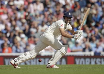 Alastair Cook hits a shot in his last ever test match against India at the Oval cricket ground in London, Friday