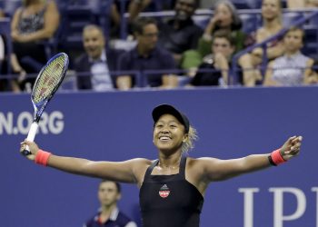 Naomi Osaka celebrates after defeating Madison Keys to enter the US Open final