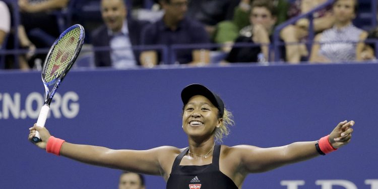 Naomi Osaka celebrates after defeating Madison Keys to enter the US Open final