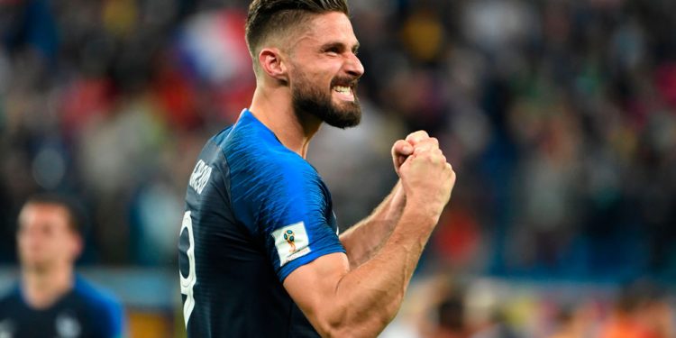 Olivier Giroud celebrates after scoring against the Netherlands