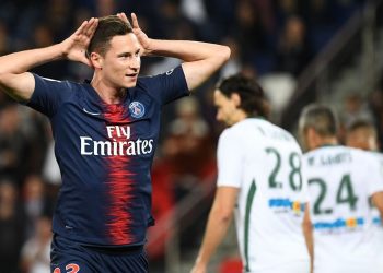 Julian Draxler celebrates after scoring the opener for PSG against Saint-Etienne at Parc de Princes, Saturday