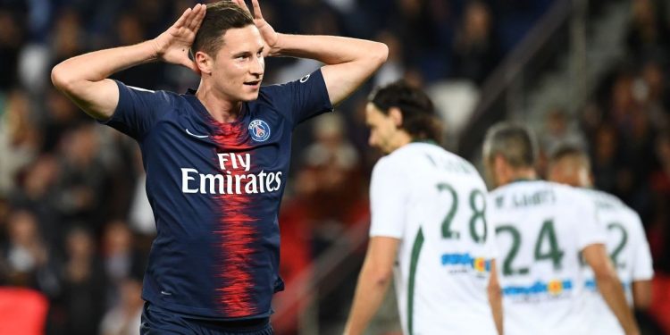 Julian Draxler celebrates after scoring the opener for PSG against Saint-Etienne at Parc de Princes, Saturday