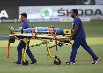 India's Hardik Pandya is stretchered off the field during their Asia Cup match against Pakistan, Wednesday