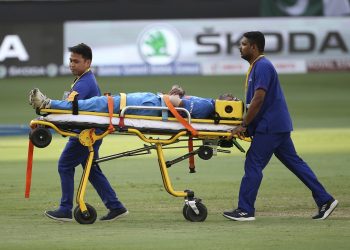 India's Hardik Pandya is stretchered off the field during their Asia Cup match against Pakistan, Wednesday