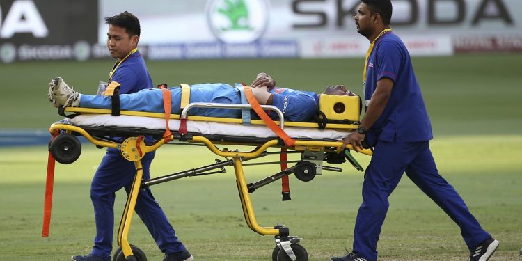India's Hardik Pandya is stretchered off the field during their Asia Cup match against Pakistan, Wednesday