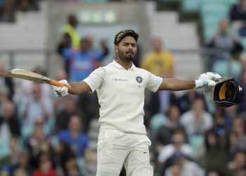 Rishabh Pant celebrates his maiden Test century against England at the Oval cricket ground in London