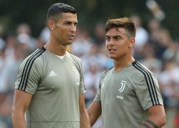 Cristiano Ronaldo (L) and Paulo Dybala during a Juventus training session